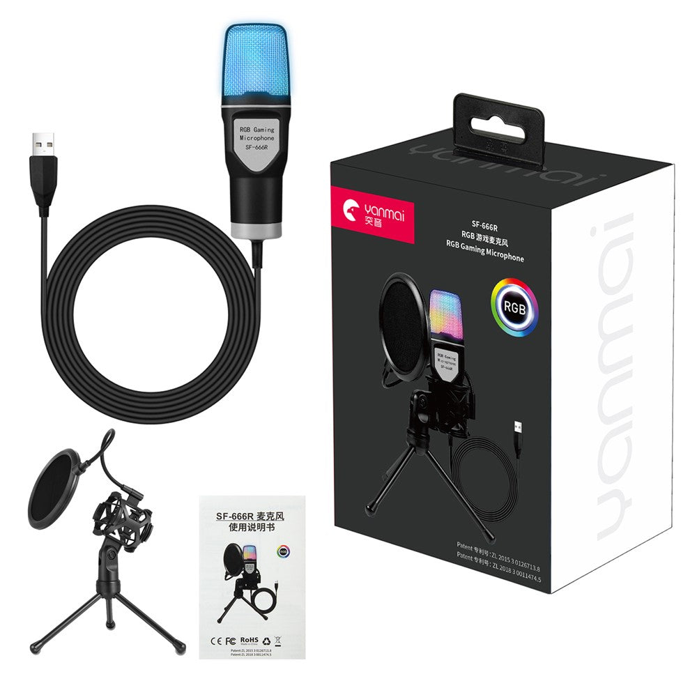 YANMAI SF-666R USB Mikrofon RGB Kondensatormikrofon til Podcast Optagelse Studio Streaming Bærbar Stationær PC