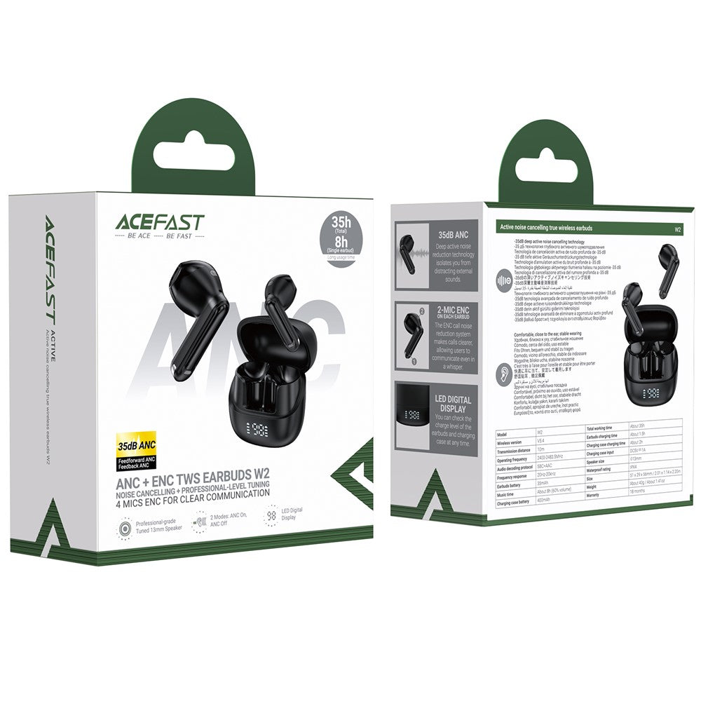 ACEFAST W2 TWS Bluetooth-Compatible Earbuds Active Noise Cancelling Earphones with LED Display Charging Case