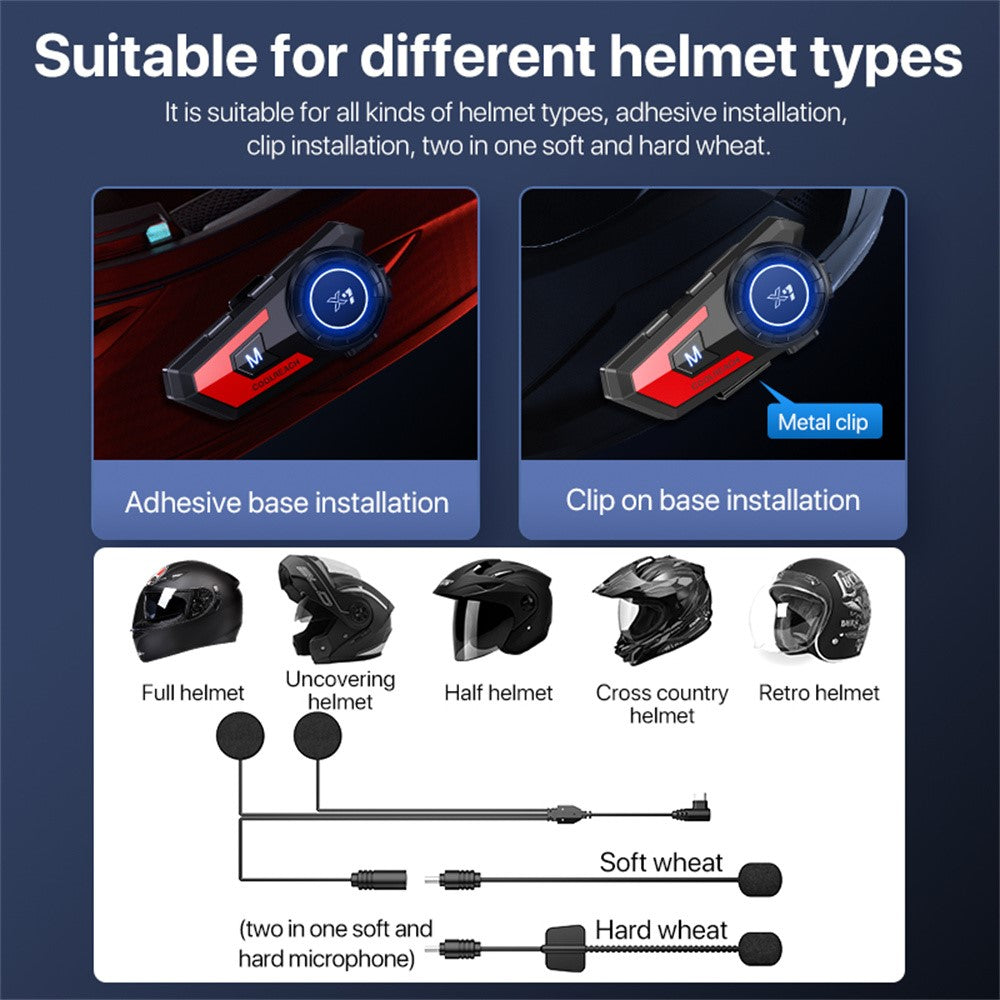 COOLREACH X7 Motorcycle Helmet Bluetooth-Compatible Headset Waterproof Wireless Earpiece with 2-in-1 Soft and Hard Mic