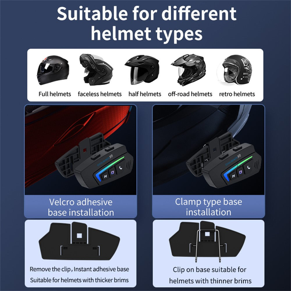 COOLREACH X8 Motorcykelhjelm Bluetooth-kompatibelt headset Trådløse vandtætte hovedtelefoner med RGB-lys til kørsel