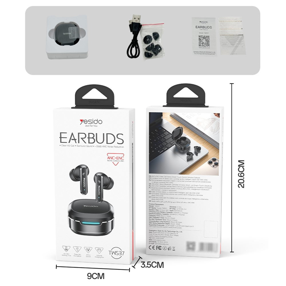 YESIDO TWS37 Wireless Bluetooth-compatible Earbuds ANC + ENC Noise Reduction Smart Touch Control Earphones