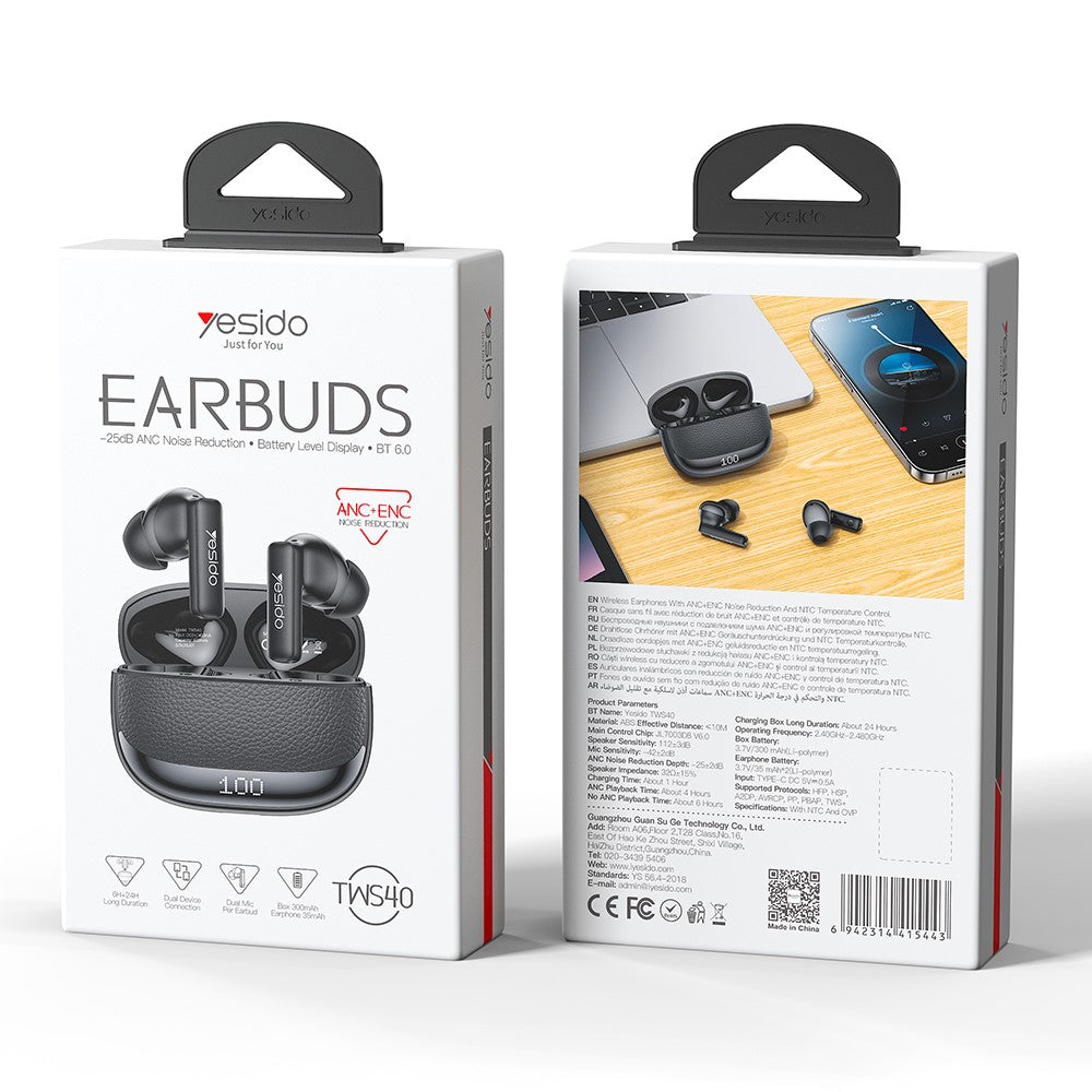 YESIDO TWS40 Bluetooth-Compatible Headphones ANC+ENC Noise Cancellation Wireless Earbuds NTC Temperature Control