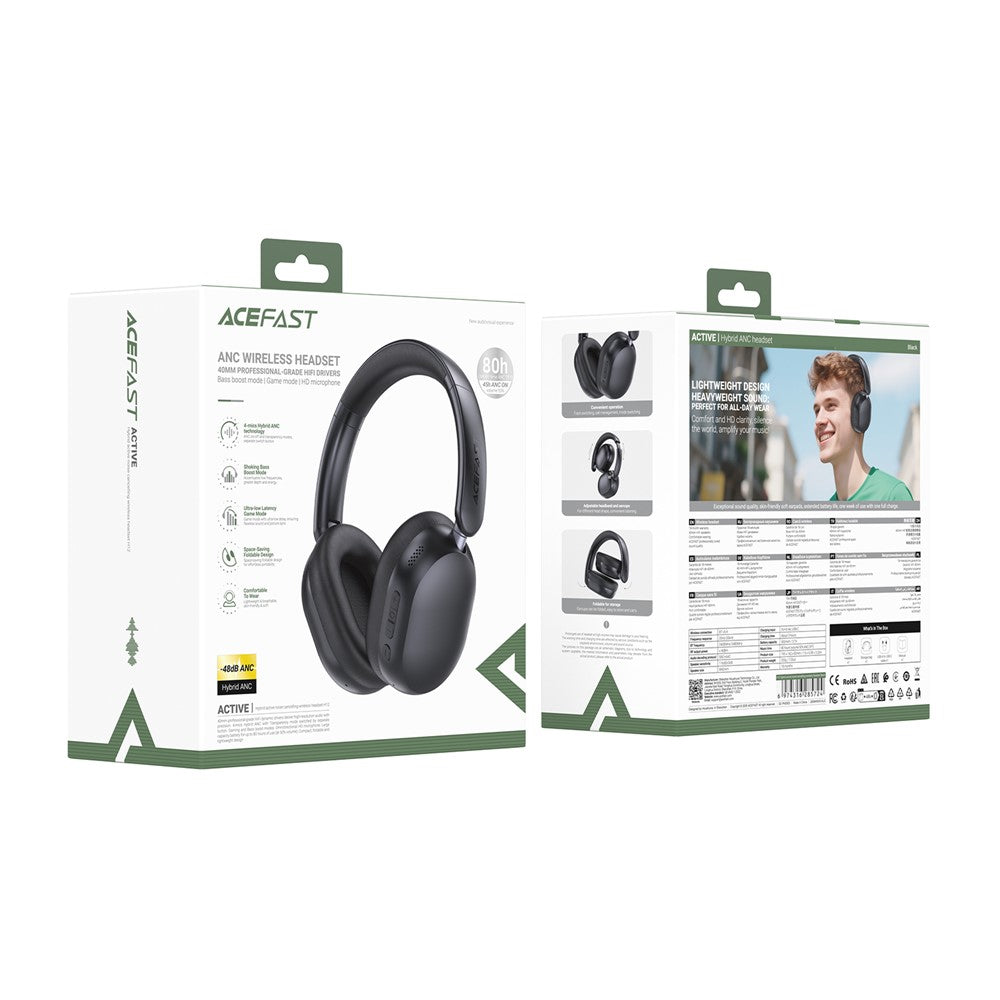 ACEFAST H12 Hybrid Active Noise Cancelling Hovedtelefoner Bluetooth-kompatible Over-Ear Hovedtelefoner med mikrofon / Lav latens-tilstand