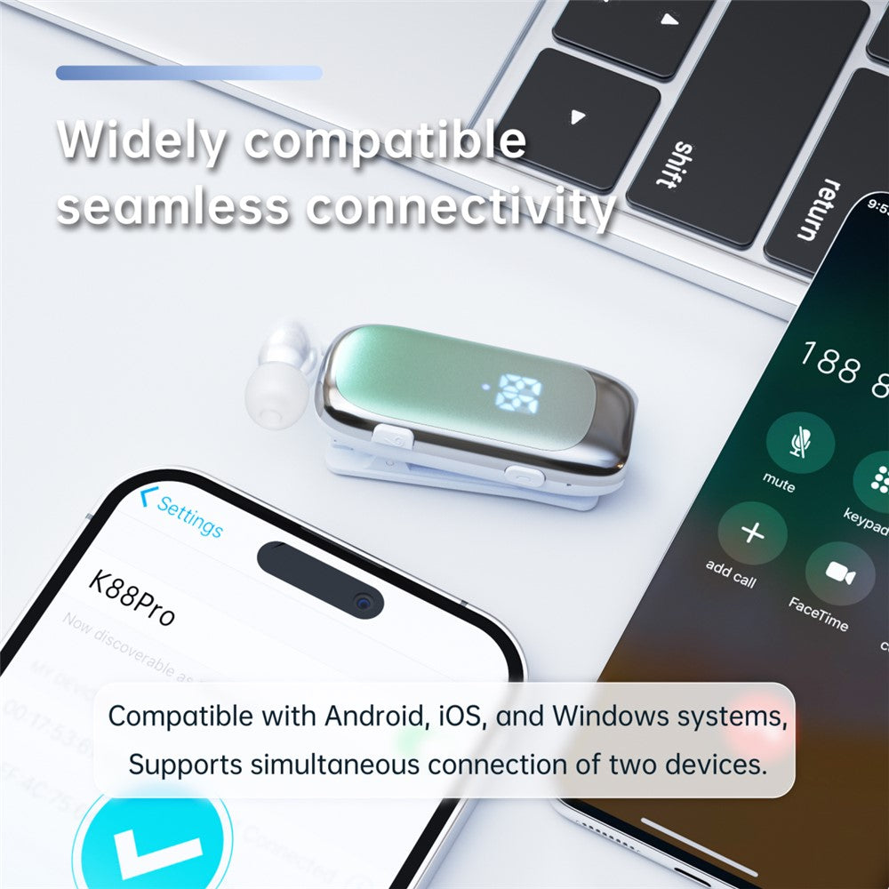 K88Pro Clip On Wireless Earphone Digital Display Bluetooth-Compatible 6.0 Business Lavalier Earbud