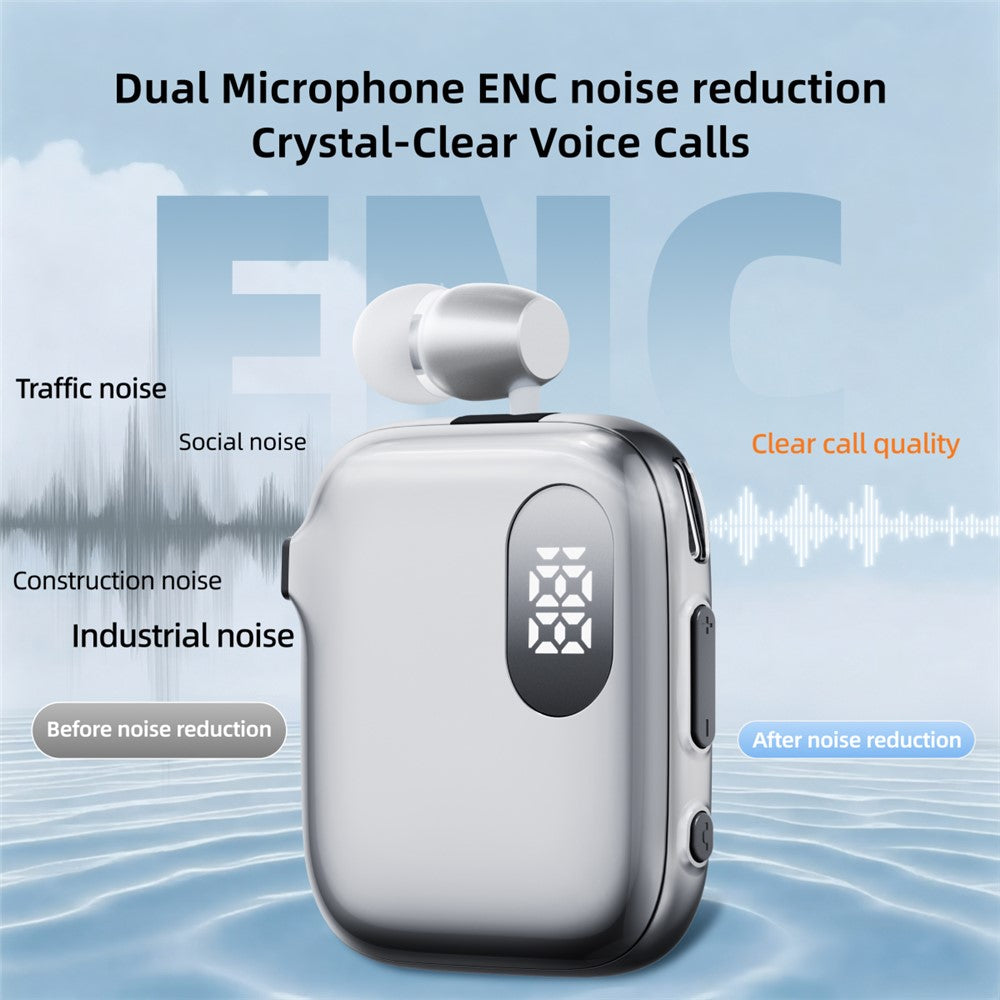 K91 Lapel Clip Bluetooth-compatible Earphone Dual Mic ENC Noise Cancelling Wireless Single Ear Earbud with Power Display