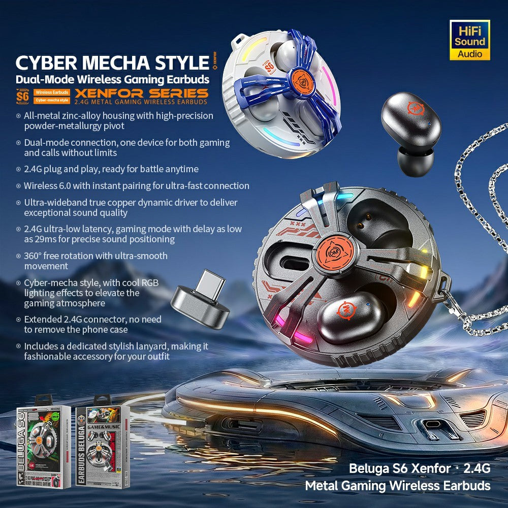 WEKOME Beluga S6 2.4G Gaming-hörlurar Trådlösa Cyber Mecha-stil Dual Mode Metall TWS-hörlurar med RGB