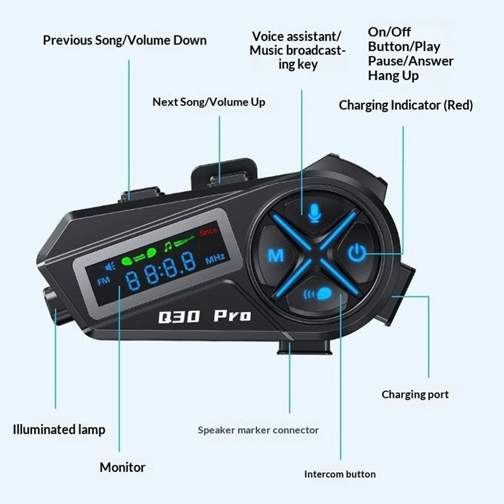 Q30 Pro Motorcycle Helmet Headset with Soft Hard 2 in 1 Mic Bluetooth-compatible Intercom Earphones IP56 Waterproof Headset