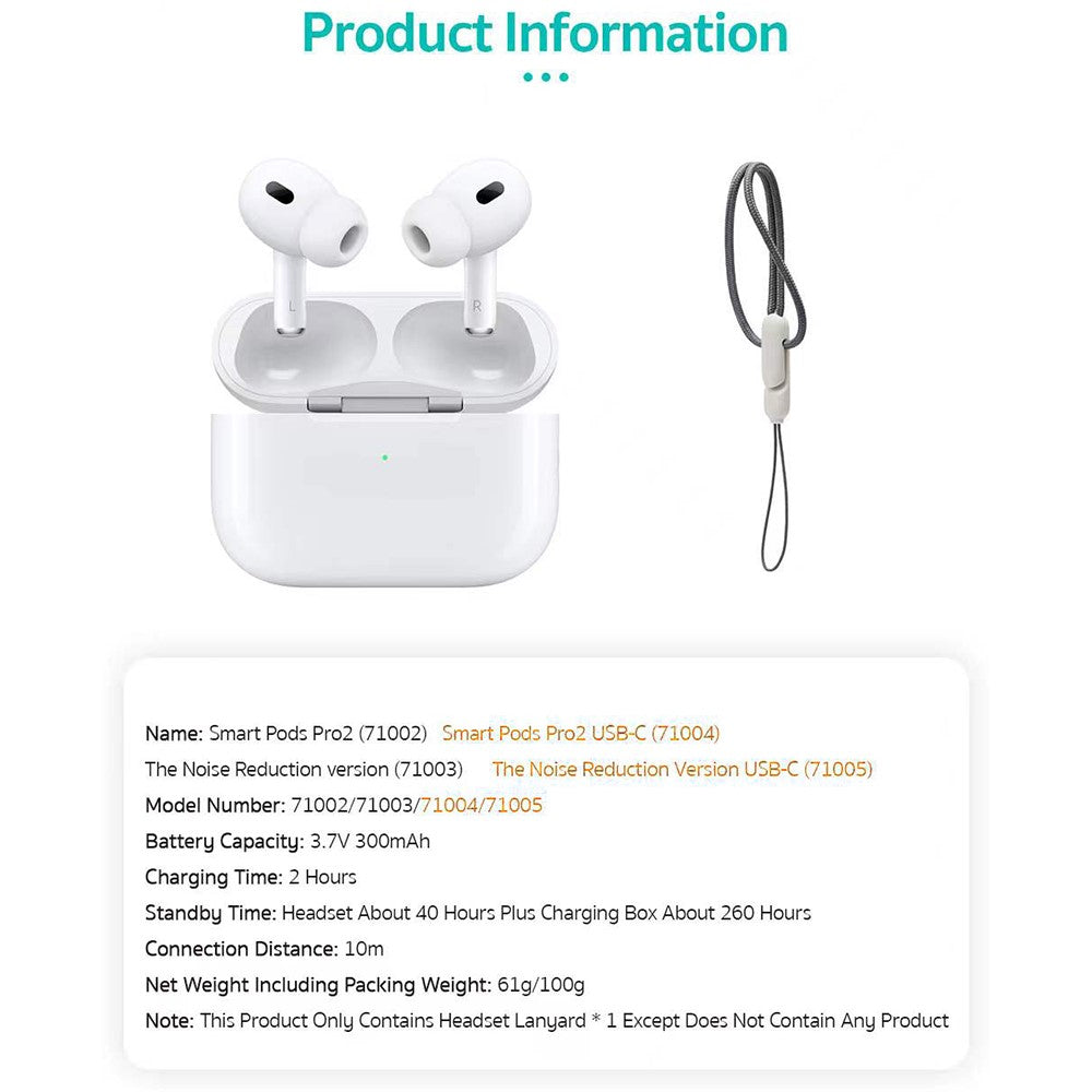COTECI Smart Pods Pro2 TWS Bluetooth-compatible Earbuds Noise Cancelling USB-C Charging Earphones for Music