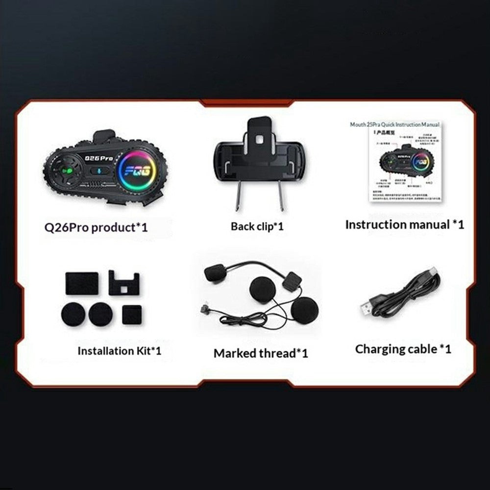 Q26 Pro Hjelm Bluetooth-kompatibel Intercom Headset med 2-i-1 Blød og Hård Mikrofon 500m Rækkevidde Støjreduktion Vandtæt Høretelefon til Motorcykel (Intet Hukommelseskort)