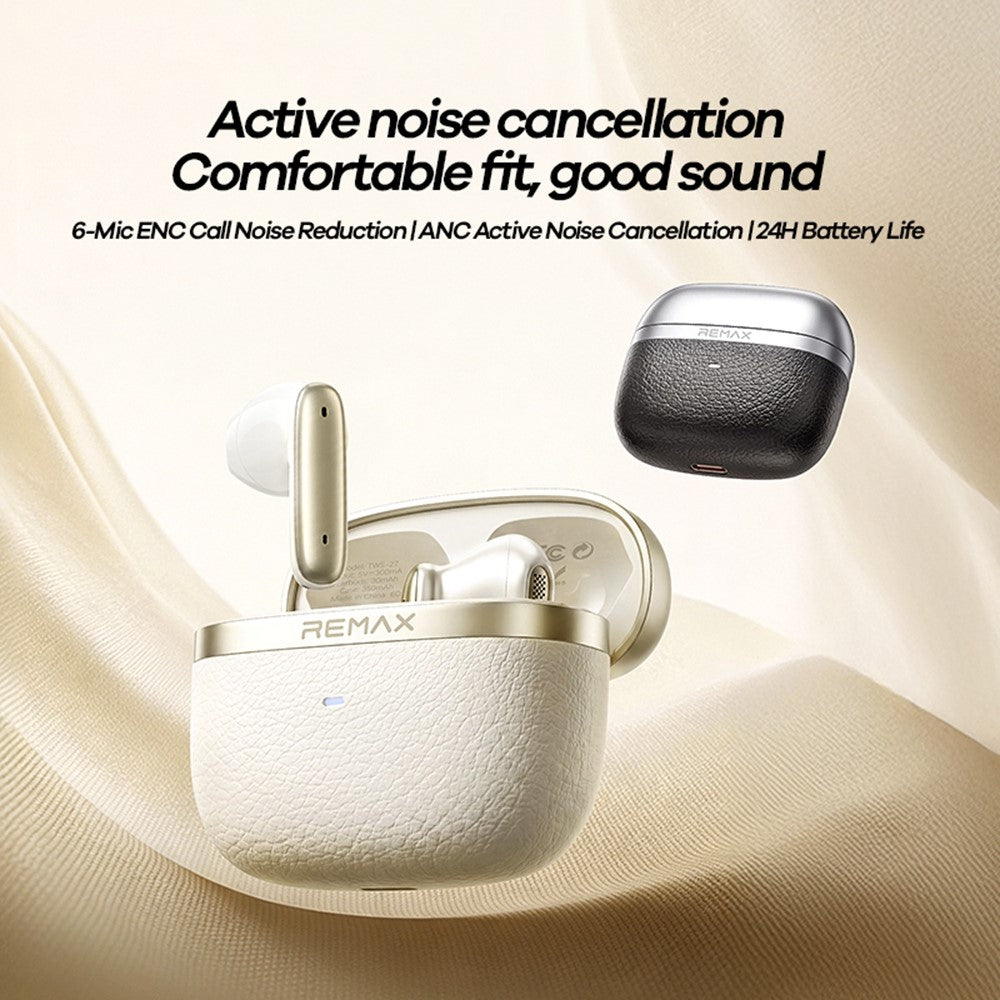 REMAX TWS-27 Trådlösa Semi-In-Ear-hörlurar med 6 mikrofoner, hybrid ANC, brusreducering vid samtal, batteritid 24 timmar