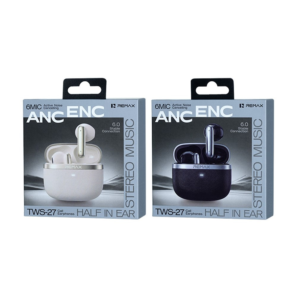 REMAX TWS-27 Trådlösa Semi-In-Ear-hörlurar med 6 mikrofoner, hybrid ANC, brusreducering vid samtal, batteritid 24 timmar