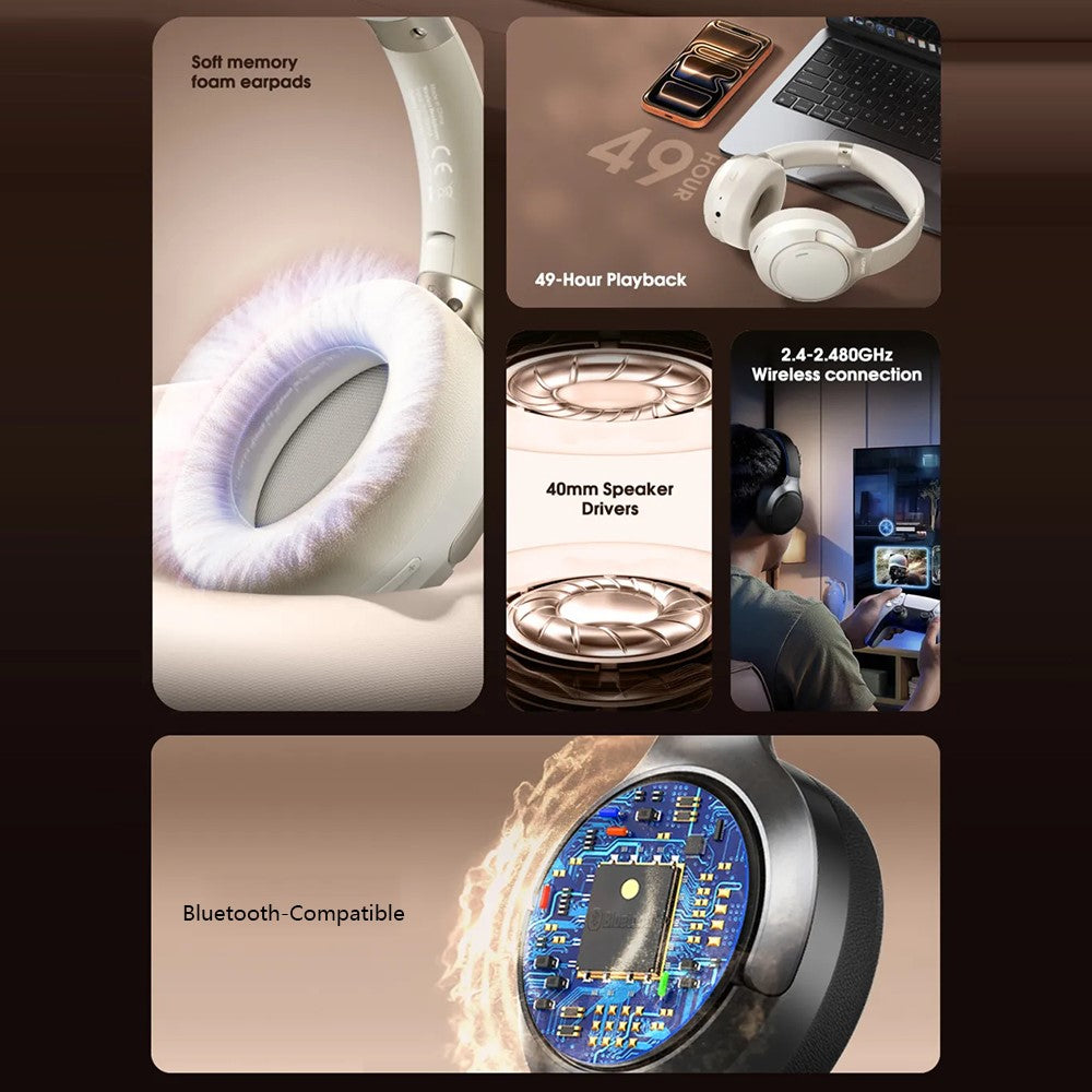 LDNIO H02 Bluetooth-kompatible 5.4 hovedtelefoner 49 timers batterilevetid 40 mm driver Over-Ear trådløst headset til gaming og musik