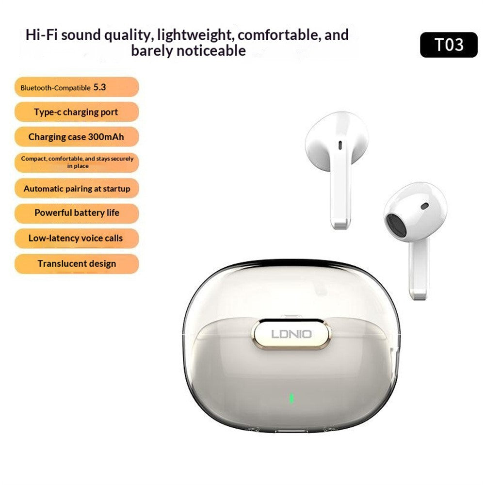 LDNIO T03 TWS Bluetooth-compatible 5.3 Earbuds Semi-In-Ear Hi-Fi 13mm Driver 20-Hour Battery Translucent Design Headset