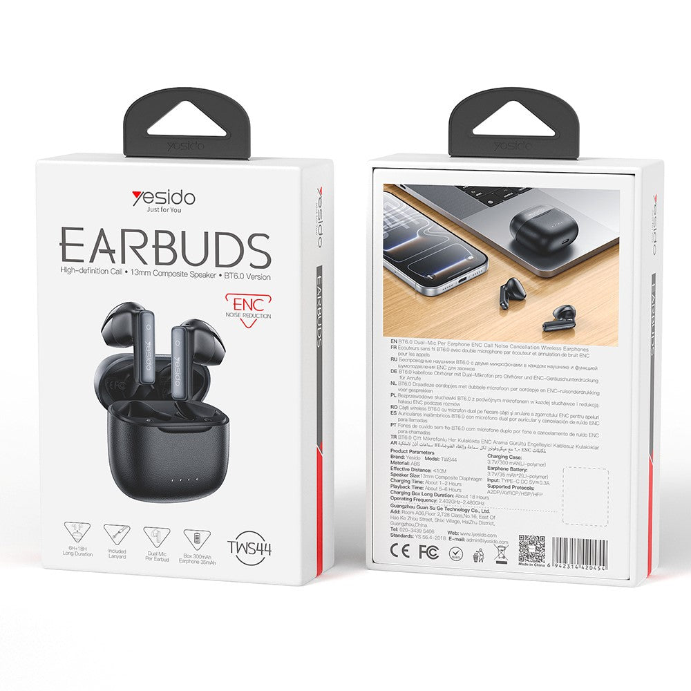 YESIDO TWS44 Bluetooth-compatible Earbuds Semi-in-ear Dual Mic ENC Noise Cancelling Earphones