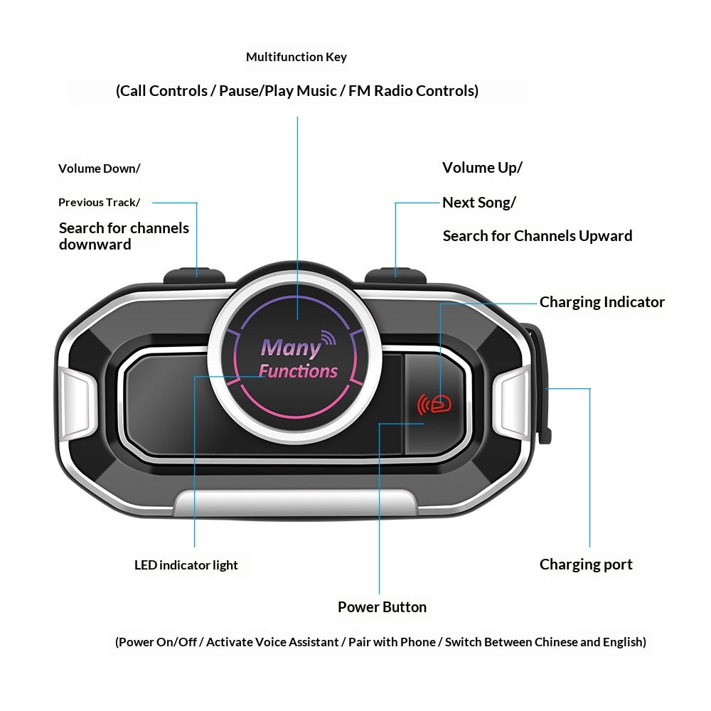 V9 Motorcycle Helmet Bluetooth-compatible Headset FM Radio Noise Reduction Dual Mic Auto Answer for Motorcycle Bicycle Helmet