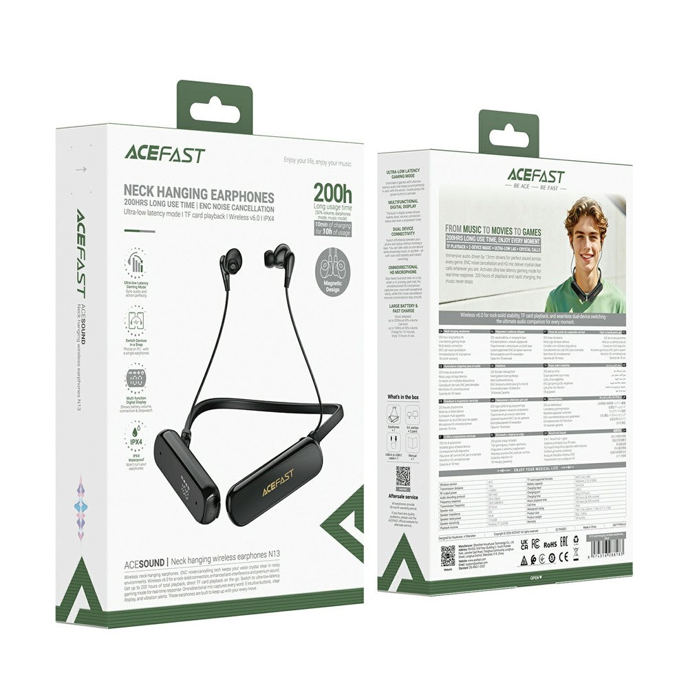 ACEFAST N13 OLED Display Neckband Wireless Earphones 200H Battery Life IPX4 Waterproof Support TF Card