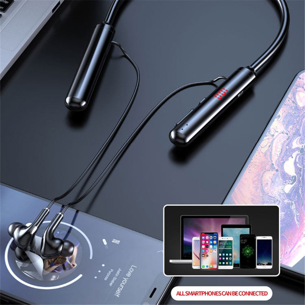 960 Bluetooth-kompatible 5.0-høretelefoner, sportshøretelefoner med nakkebånd, bas, stereo, strøm-LED-display, støjreducerende headset, understøtter TF-kort