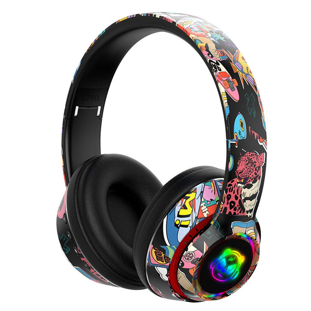 L750 Bluetooth-compatible Headset Cool Graffiti Headphone with LED Light Earphone Support TF Card/3.5mm Audio Wired for Mobile Phone Computer Laptop