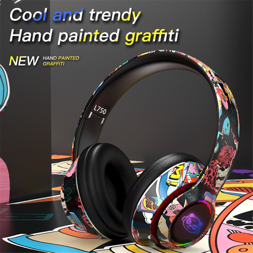 L750 Bluetooth-compatible Headset Cool Graffiti Headphone with LED Light Earphone Support TF Card/3.5mm Audio Wired for Mobile Phone Computer Laptop