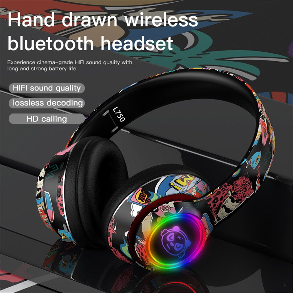 L750 Bluetooth-compatible Headset Cool Graffiti Headphone with LED Light Earphone Support TF Card/3.5mm Audio Wired for Mobile Phone Computer Laptop