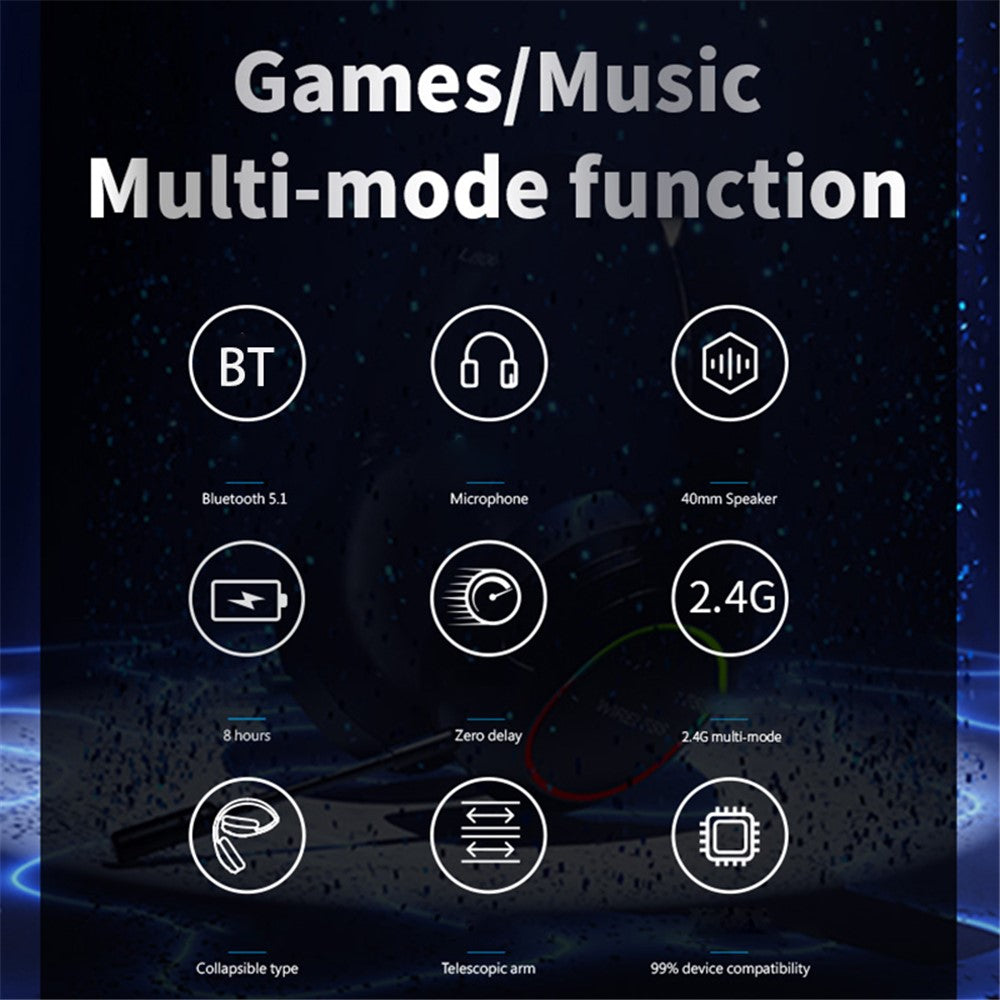 L800 2.4G Wireless / Bluetooth-compatible 5.1 Over-ear Headset LED Light Low Latency E-sports Gaming Headphone