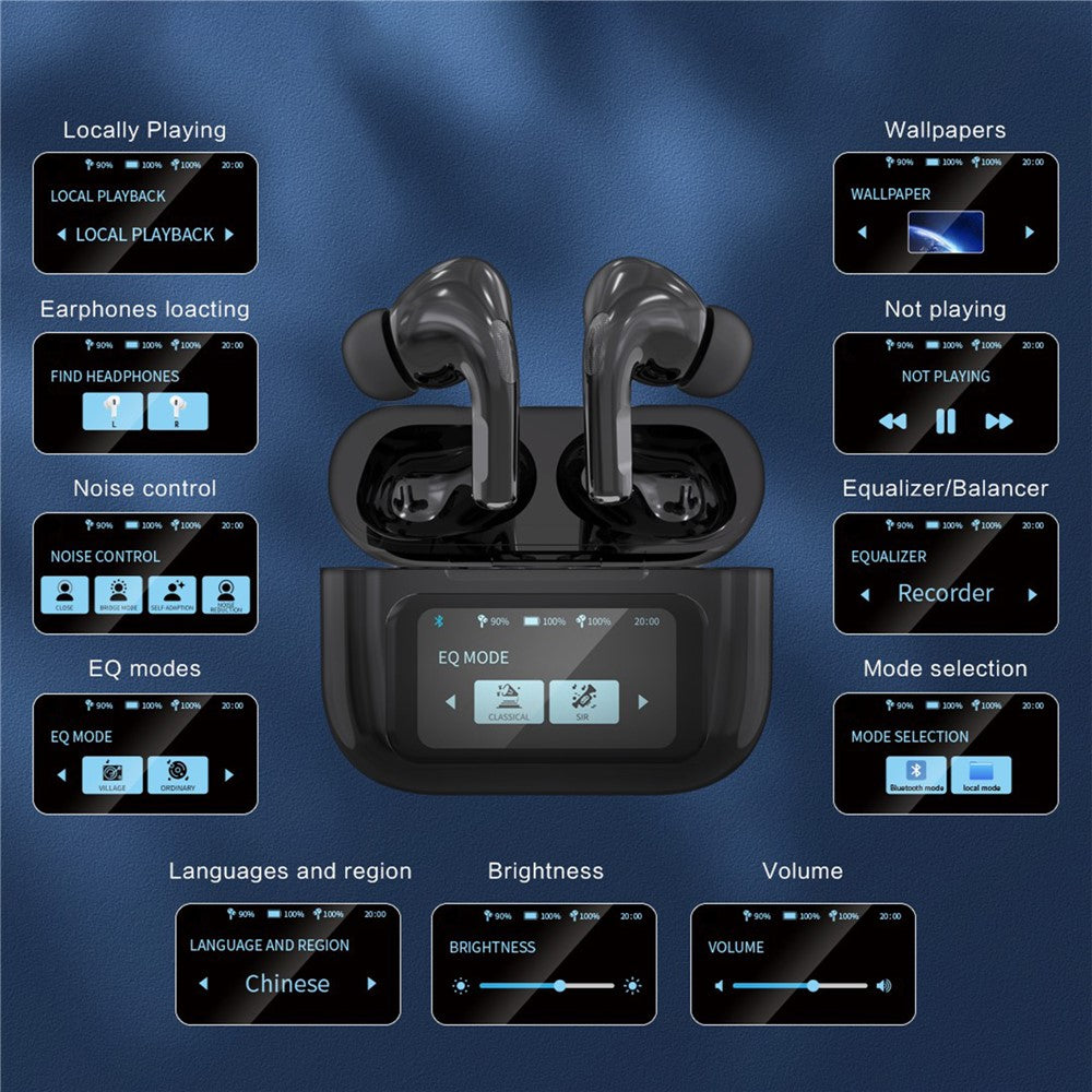 T68pro HiFi Sound In-ear Bluetooth-compatible Earphones with LED Full Color Touch Screen Charging Case, English Version