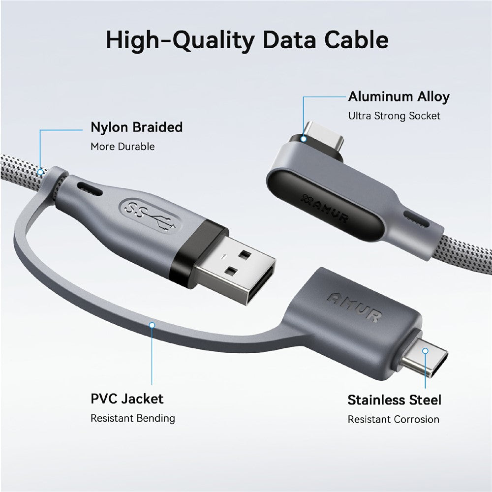 AMVR LC6L 4,88 m 2-i-1 USB-A + Type-C til Type-C 5 Gbps nylonflettet datakabel til VR-gaming