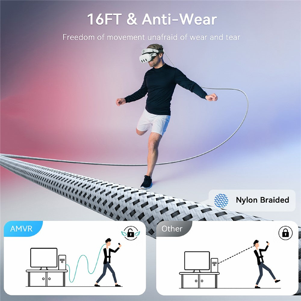 AMVR LC6L 4,88 m 2-i-1 USB-A + Type-C til Type-C 5 Gbps nylonflettet datakabel til VR-gaming