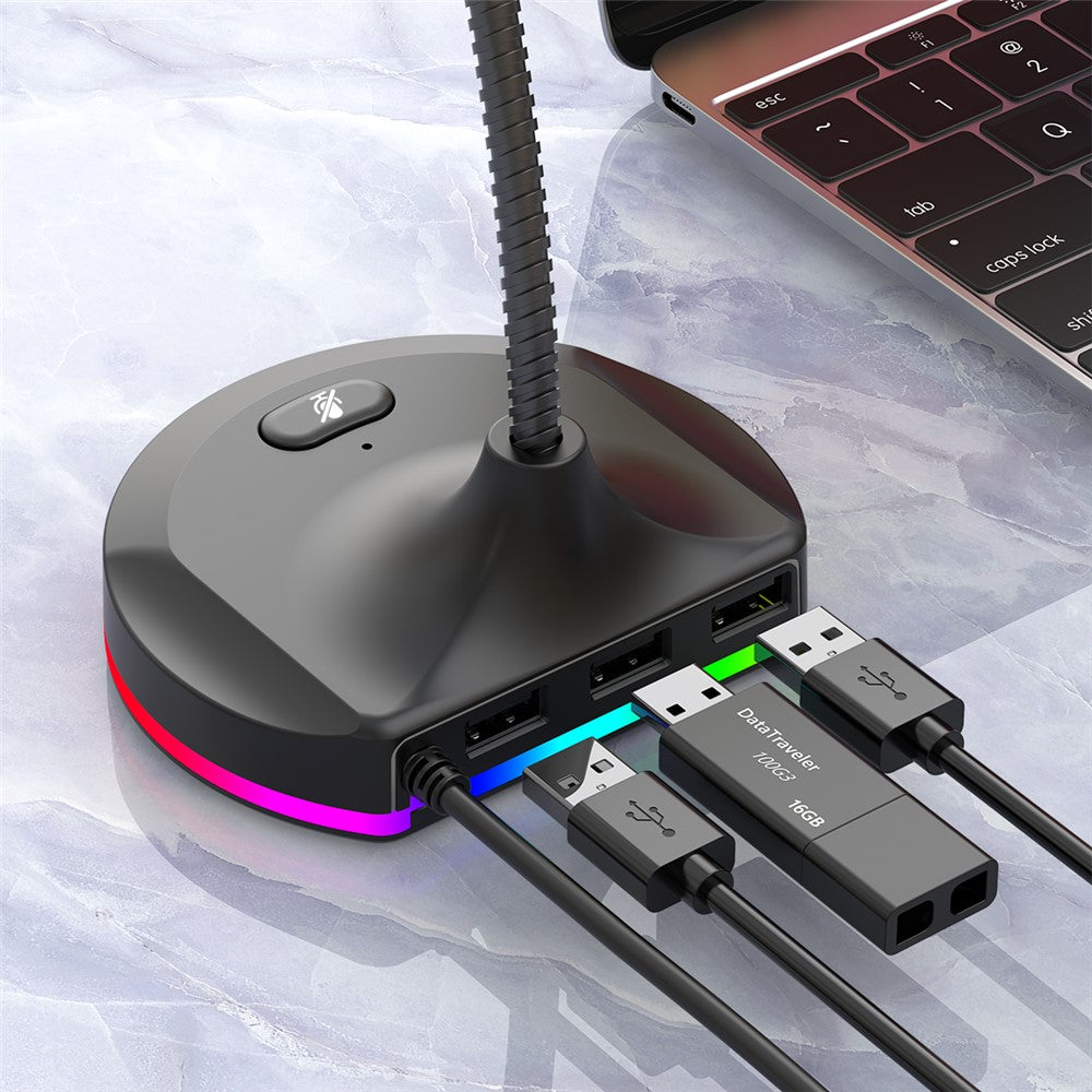 RGB Light Microphone 3 USB Ports Hub Plug and Play Noise Cancelling Desktop Mic