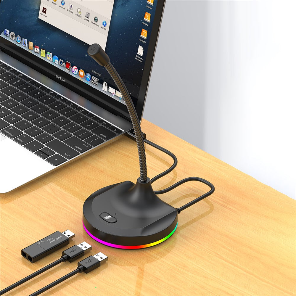 RGB Light Microphone 3 USB Ports Hub Plug and Play Noise Cancelling Desktop Mic