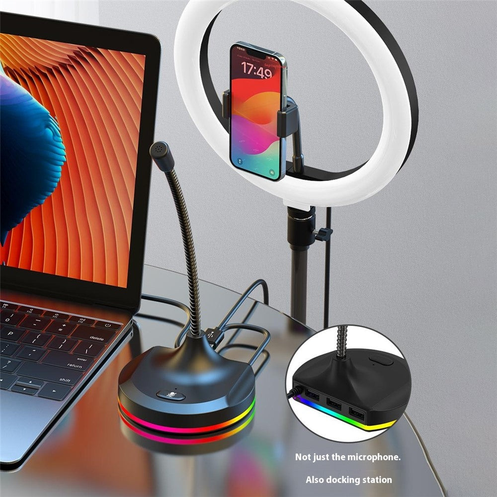 RGB Light Microphone 3 USB Ports Hub Plug and Play Noise Cancelling Desktop Mic