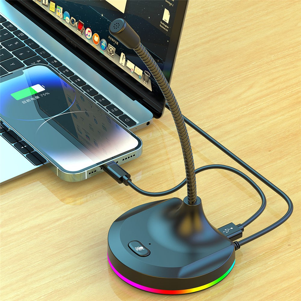 RGB Light Microphone 3 USB Ports Hub Plug and Play Noise Cancelling Desktop Mic