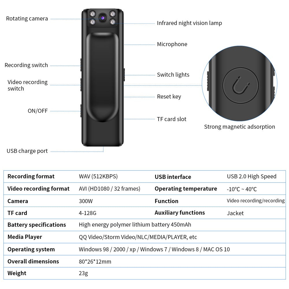M6 Infrared Night Vision 1080P Full HD Pocket Camera Portable Video Recorder with Back Clip