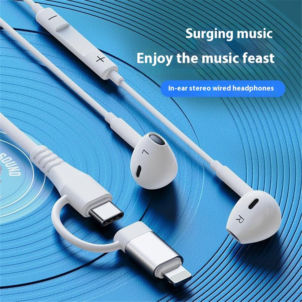 Type-C / 8-Pin 2-in-1 Wired Earphone Digital Chip Stereo Wire Control Phone Music Headset