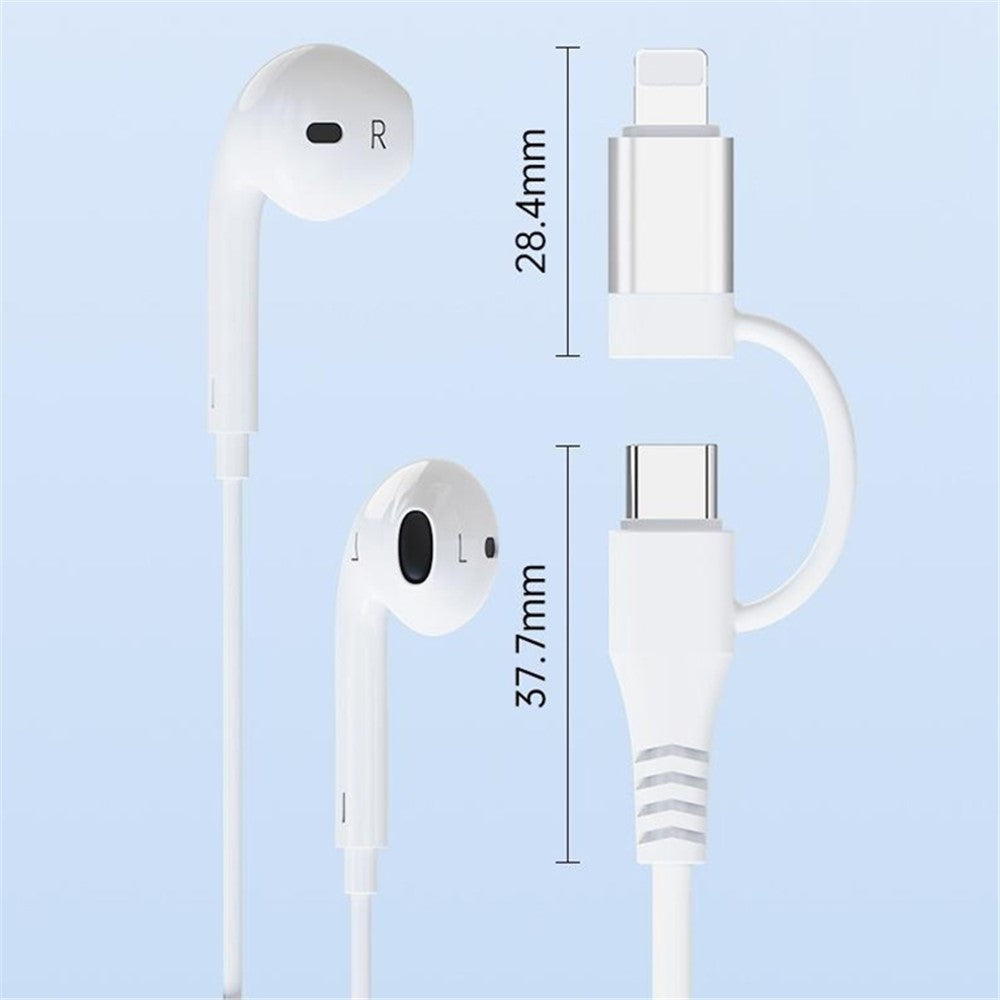 Type-C / 8-Pin 2-in-1 Wired Earphone Digital Chip Stereo Wire Control Phone Music Headset