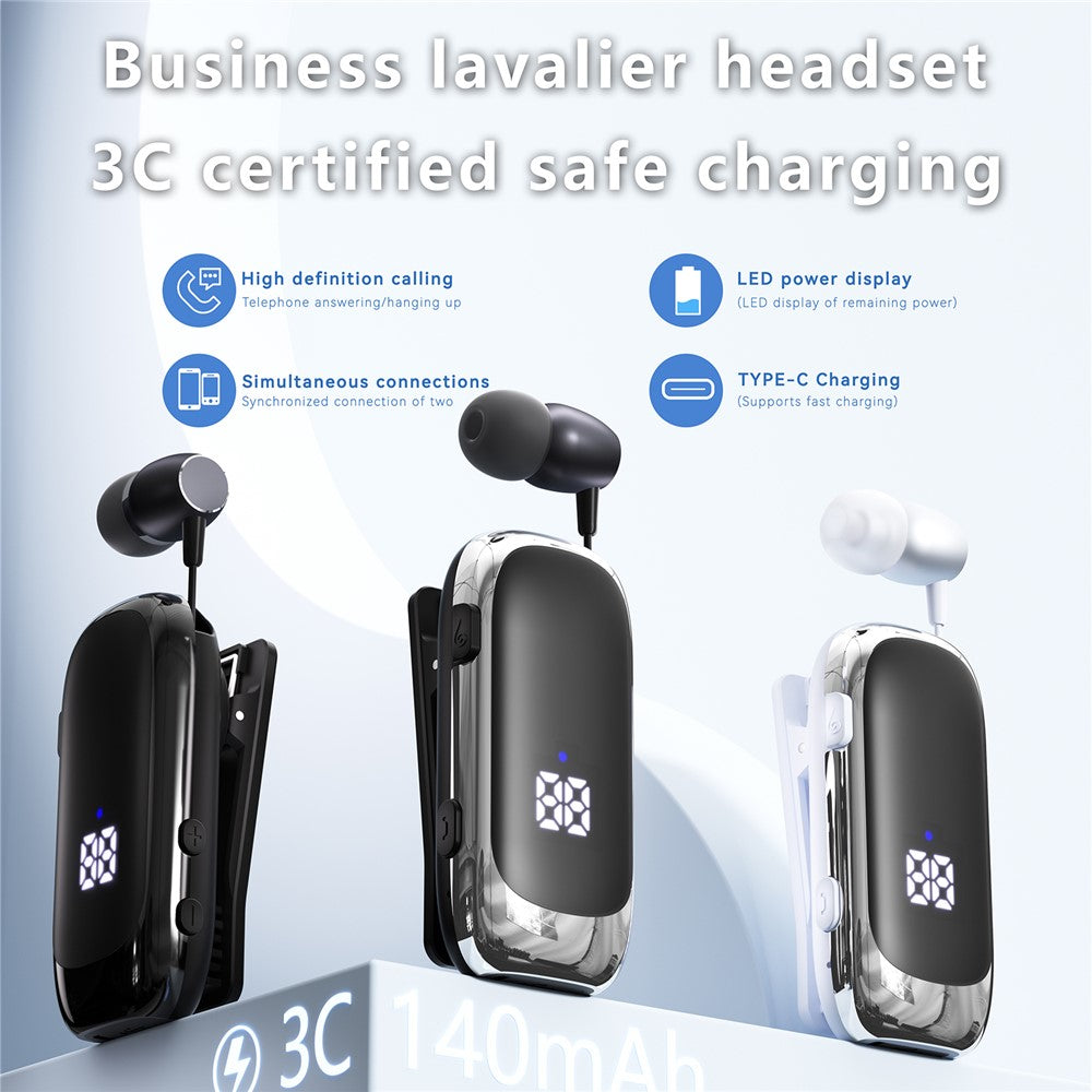 K88 Business Lavalier-høretelefoner Udtrækkelige Sports Bluetooth-kompatible Øretelefoner med LED-display