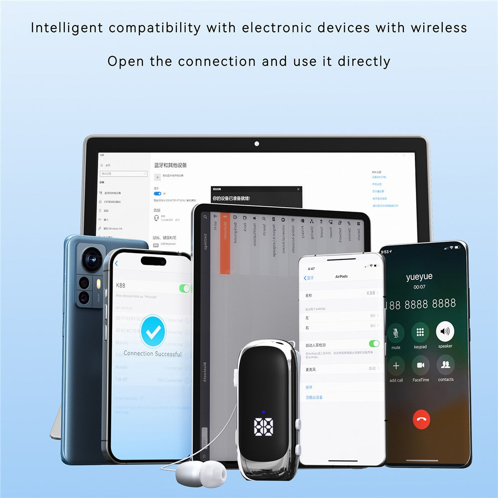 K88 Business Lavalier-høretelefoner Udtrækkelige Sports Bluetooth-kompatible Øretelefoner med LED-display