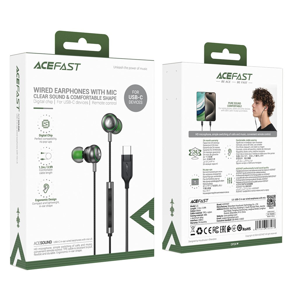 ACEFAST L5 USB-C Kablet Høretelefon med Mikrofon Klar Lyd In-Ear Hovedtelefon