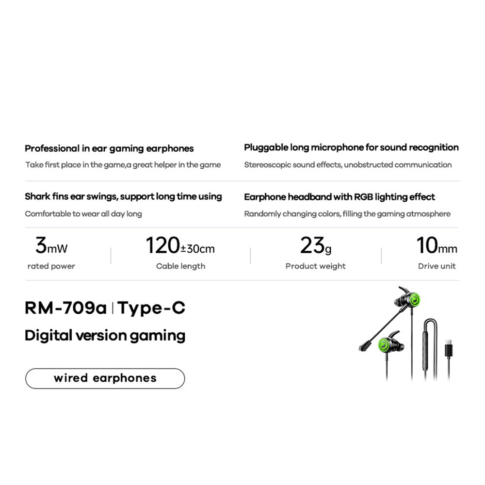 REMAX RM-709a Type-C Digital Gaming Wired Earphones In-Ear Headset with Detachable Mic  /  RGB Lighting
