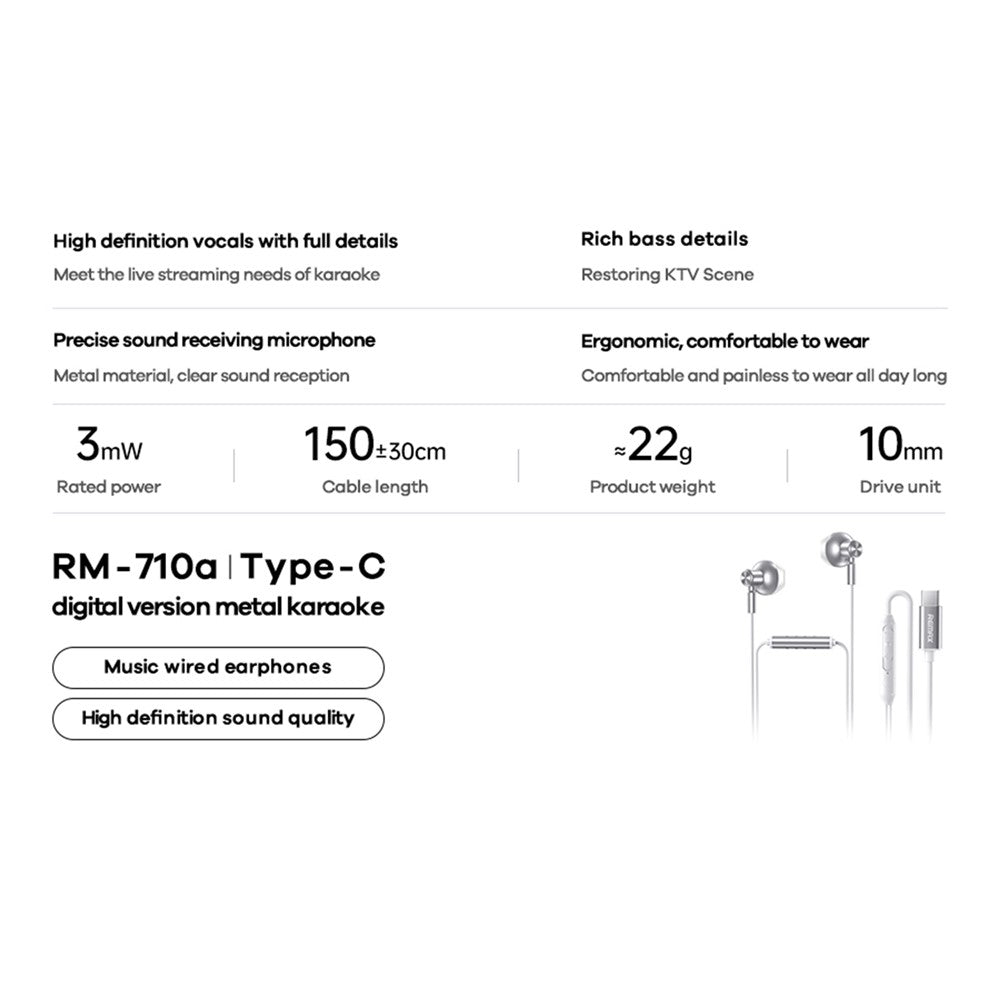 REMAX RM-710a Type-C Digital Wired Earphones Metal Music Headset with Microphone