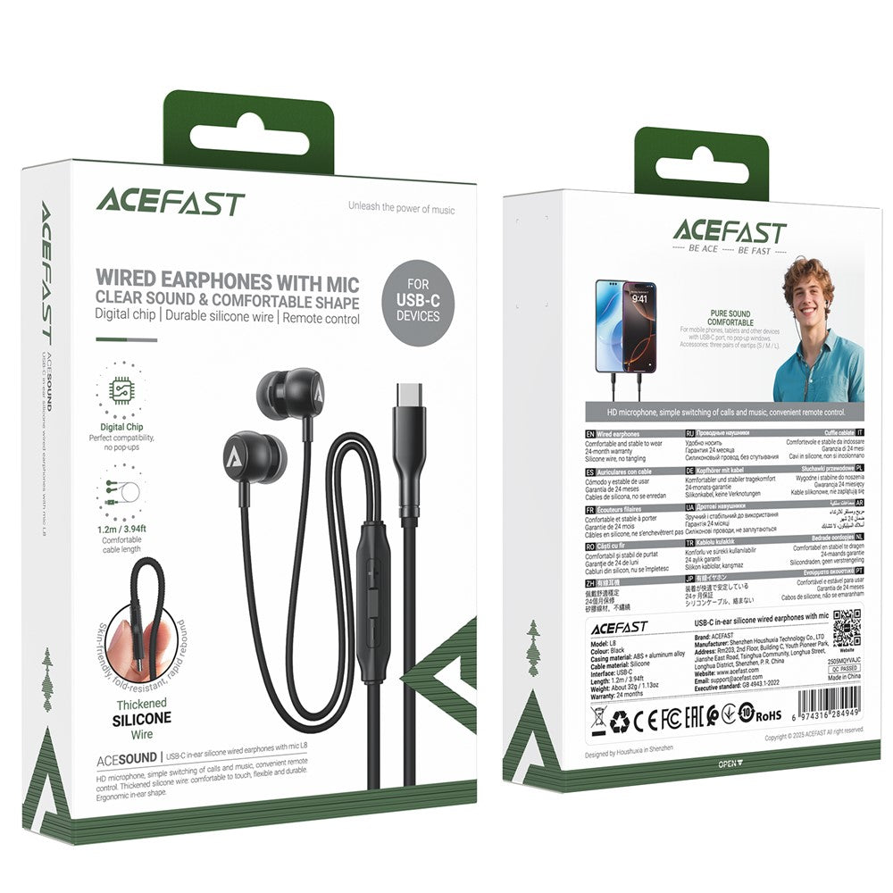 ACEFAST L8 For USB-C Devices In-Ear Wired Earphones With Mic Silicone Cable Tangle Free Headphones