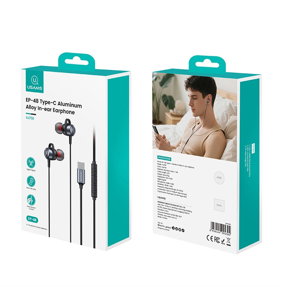 USAMS SJ758 EP-48 In-Ear Wired Earbuds Aluminum Alloy Type-C Earphones with Three-Button Control