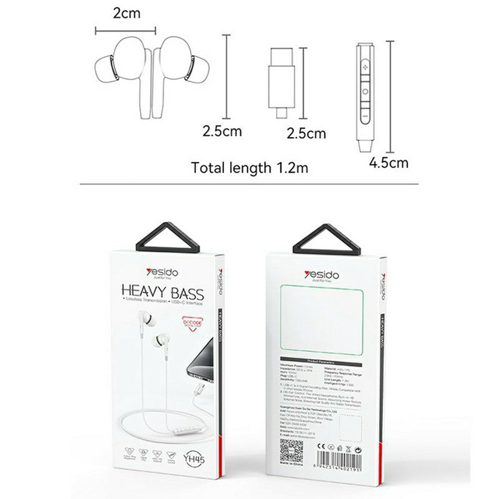 YESIDO YH45 Type-C Digital Earphones In-Ear Wired Headphones with Microphone