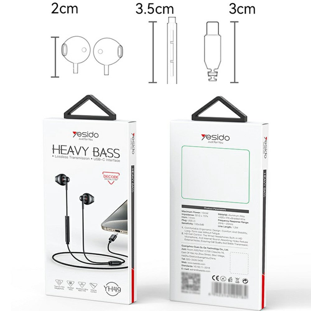 YESIDO YH49 Type-C Digital Earphones Lossless Audio Wired Earbuds for Desktop / Notebook / Tablet / Cell Phone
