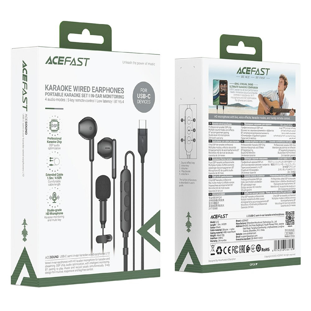 ACEFAST L12 USB-C Semi In-Ear Karaoke Wired Earphones Built-In Microphone for Live Streaming / Recording / Gaming