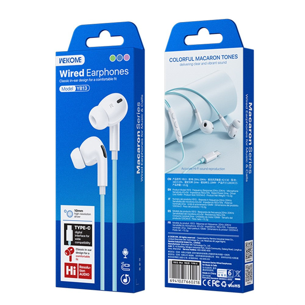 WEKOME YB13 Macaron Series Type-C kablet øretelefon 10mm HiFi lyd in-ear hovedtelefon til musik og opkald