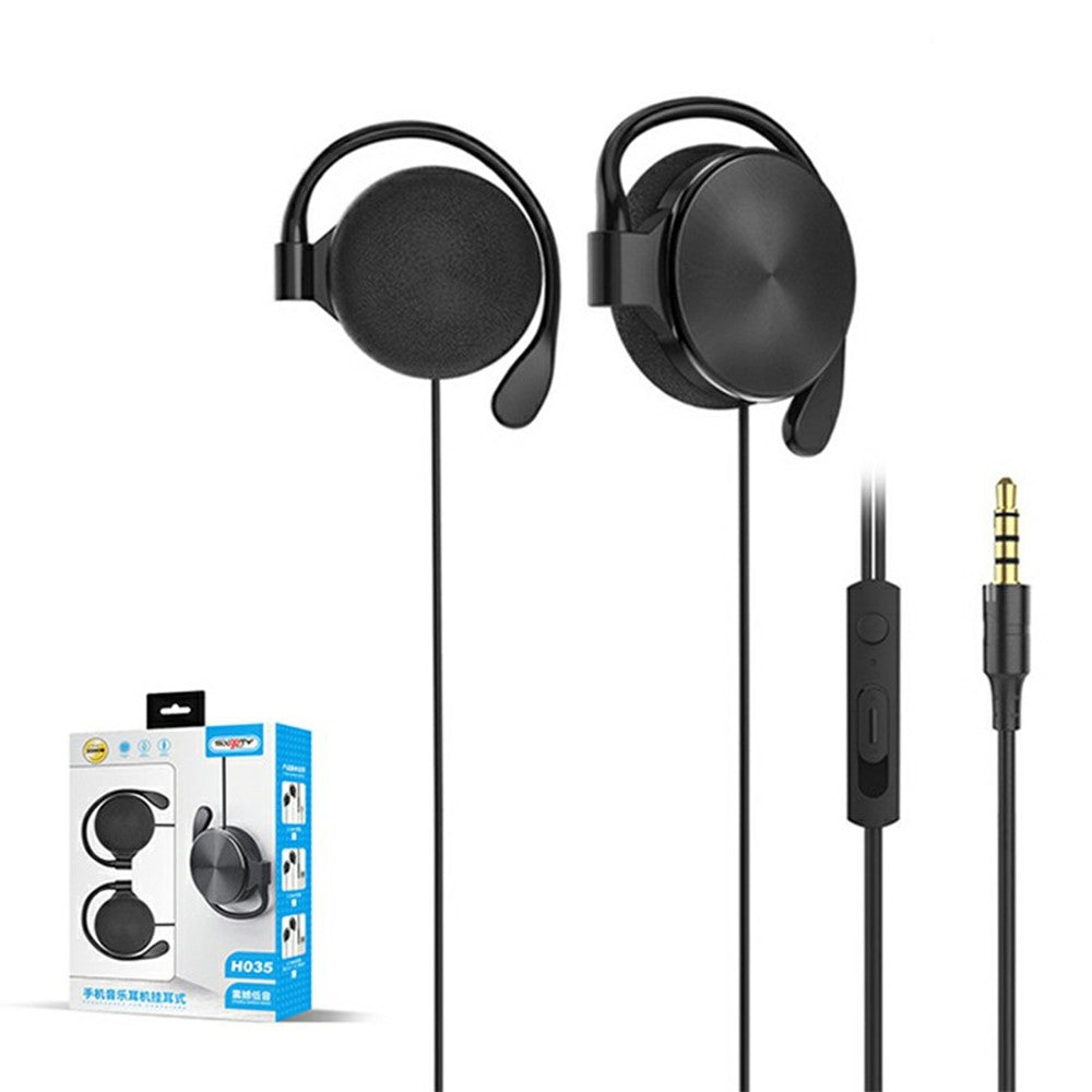 H035 2.1m 3.5mm Wired Earhook Earphones 30mm Driver In-line Mic for Outdoor Sports
