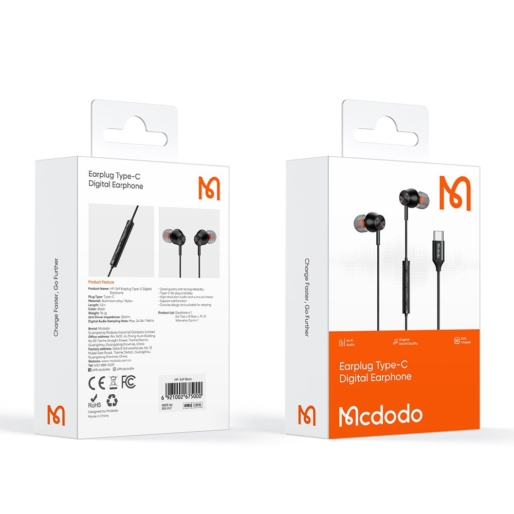 MCDODO HP-3490 MDD HiFi Stereo Kablede Høretelefoner Type-C Øretelefon med Mikrofon og Lydstyrkekontrol
