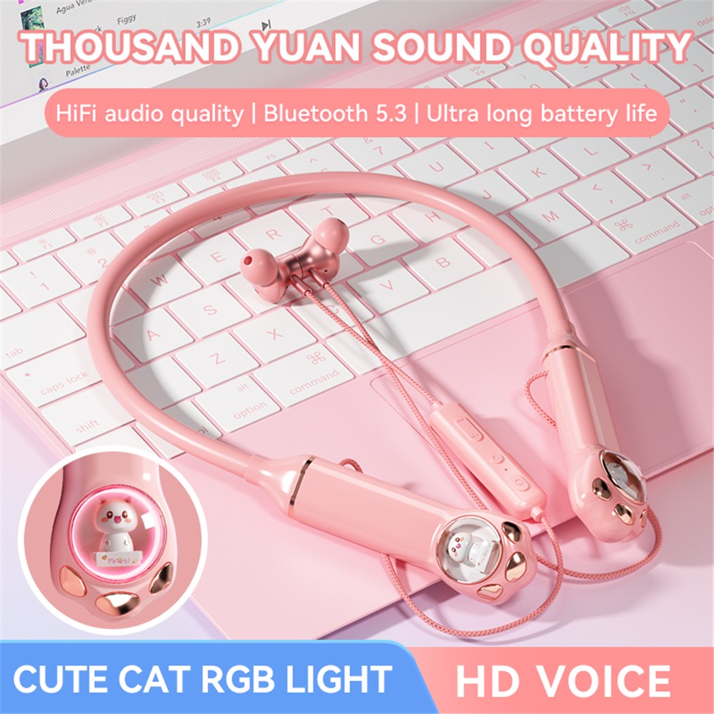 K1692 Neck-mounted Noise Canceling Bluetooth-compatible Earphone Cat Space Capsule RGB Light Wireless Headphone