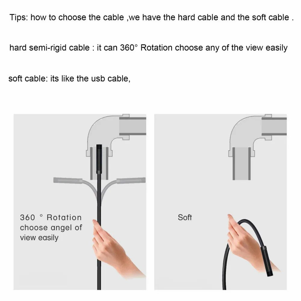 2m Wire Type-C+USB+Micro USB Endoscope Industrial Borescope Waterproof Inspection 7mm Snake Camera- Hard Wire